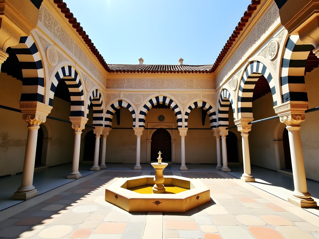 Intricate stone carvings and ablaq striped arches in a Mamluk madrasa courtyard in Tripoli