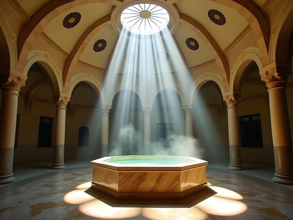 Light beams streaming through star-shaped ceiling openings in historic Ottoman hammam in Tripoli