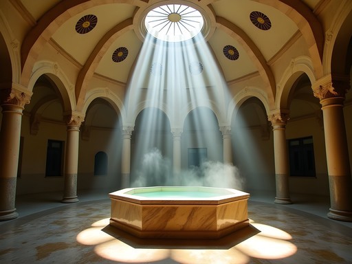 Light beams streaming through star-shaped ceiling openings in historic Ottoman hammam in Tripoli