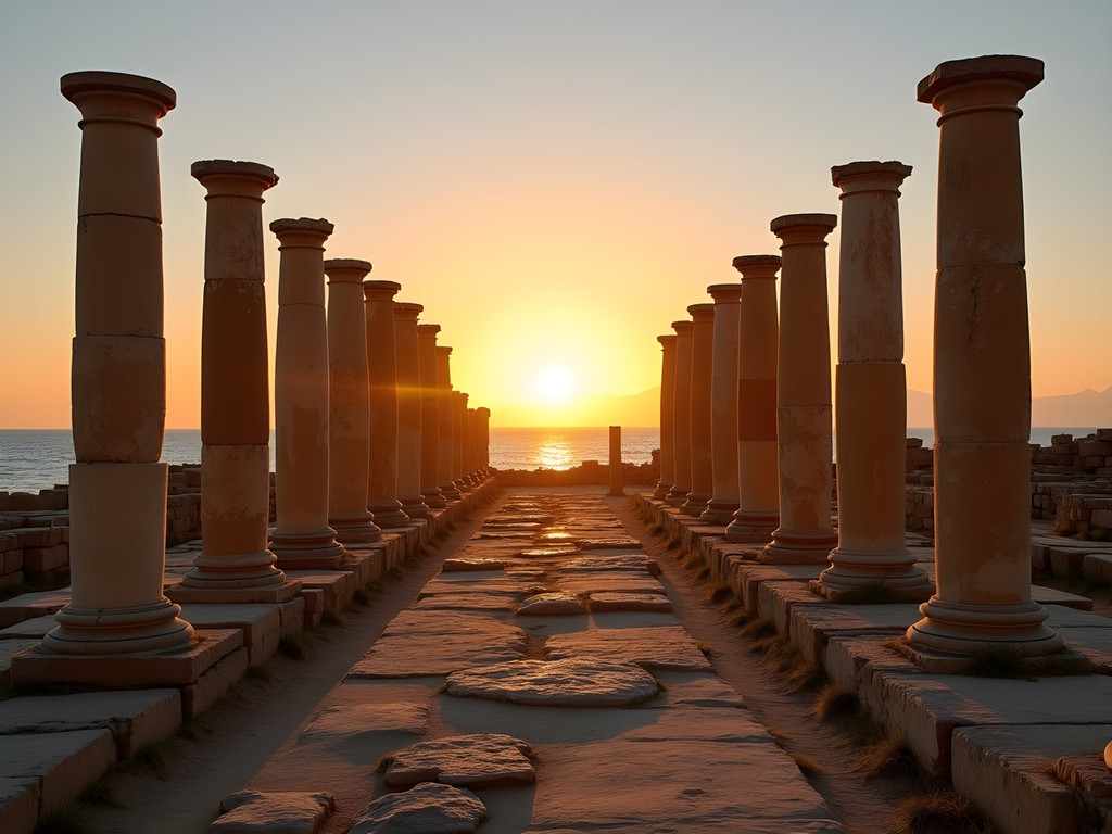 Ancient columns of Leptis Magna bathed in golden hour light with Mediterranean Sea in background