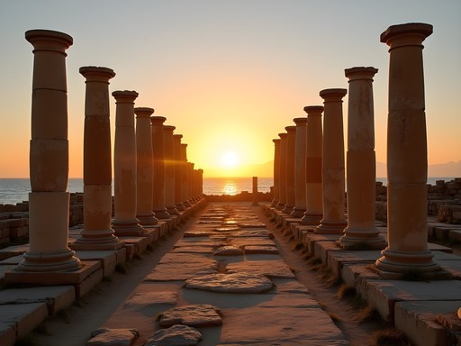 Ancient columns of Leptis Magna bathed in golden hour light with Mediterranean Sea in background
