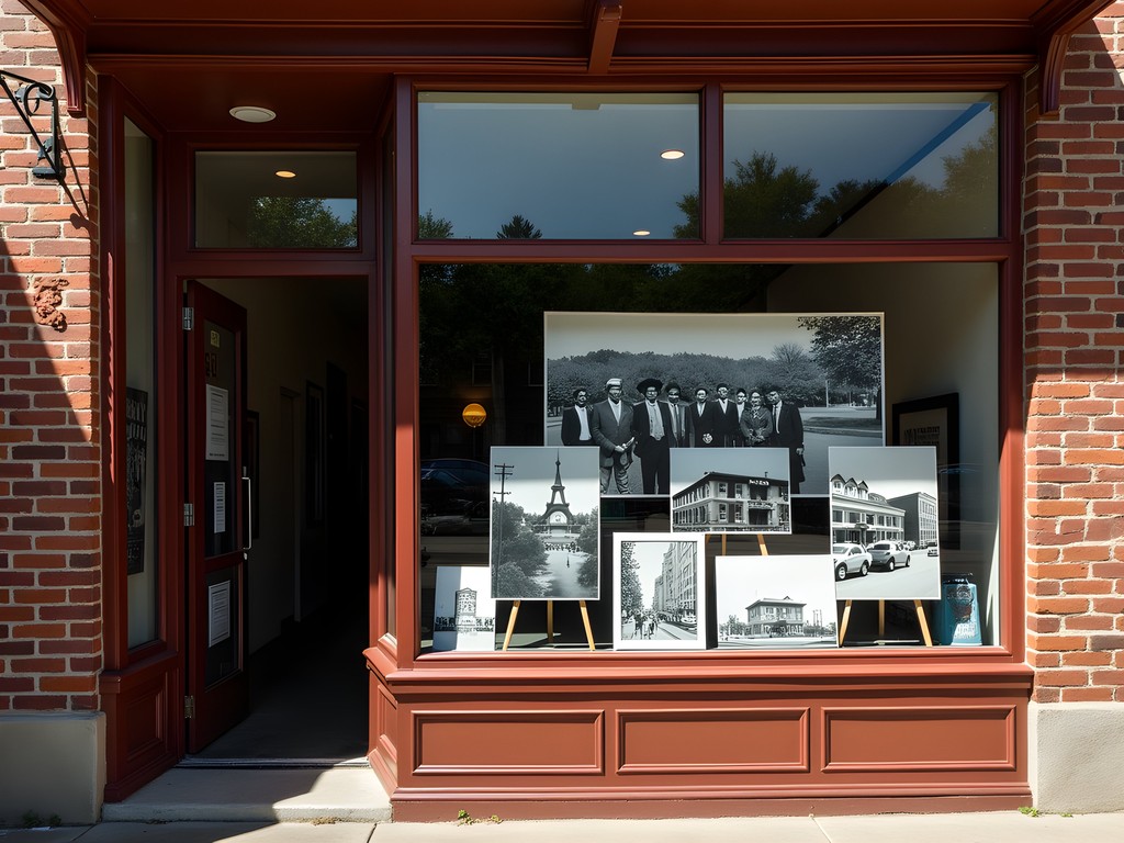 Modern Black-owned business in the Greenwood District of Tulsa with historic photographs displayed in the window