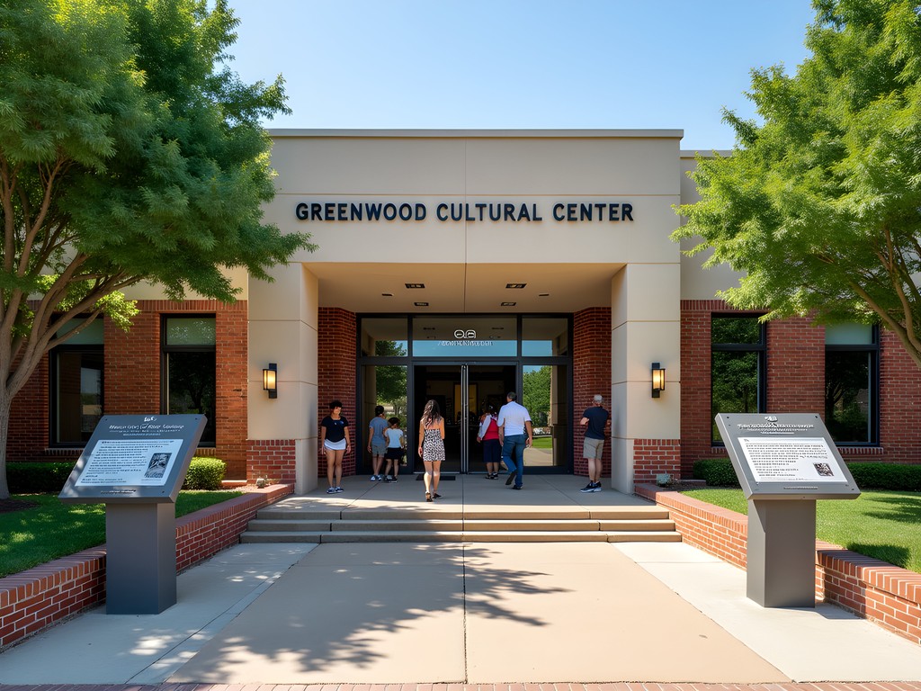 Entrance to the Greenwood Cultural Center in Tulsa showing Black Wall Street historical markers