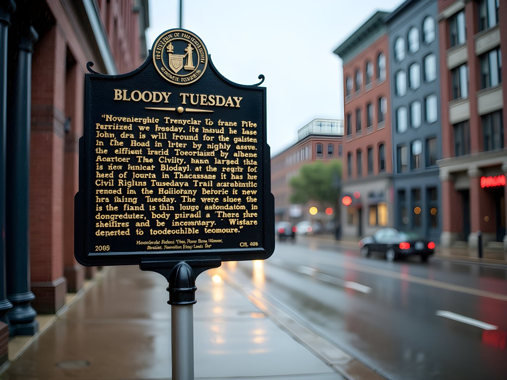 Historical marker commemorating Bloody Tuesday in downtown Tuscaloosa
