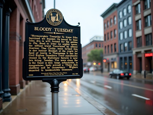 Historical marker commemorating Bloody Tuesday in downtown Tuscaloosa
