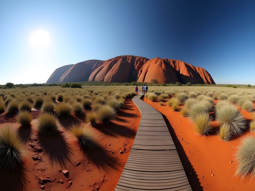 Visitor following designated walking path around Uluru's base with respectful distance