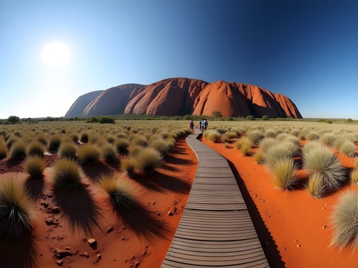 Visitor following designated walking path around Uluru's base with respectful distance