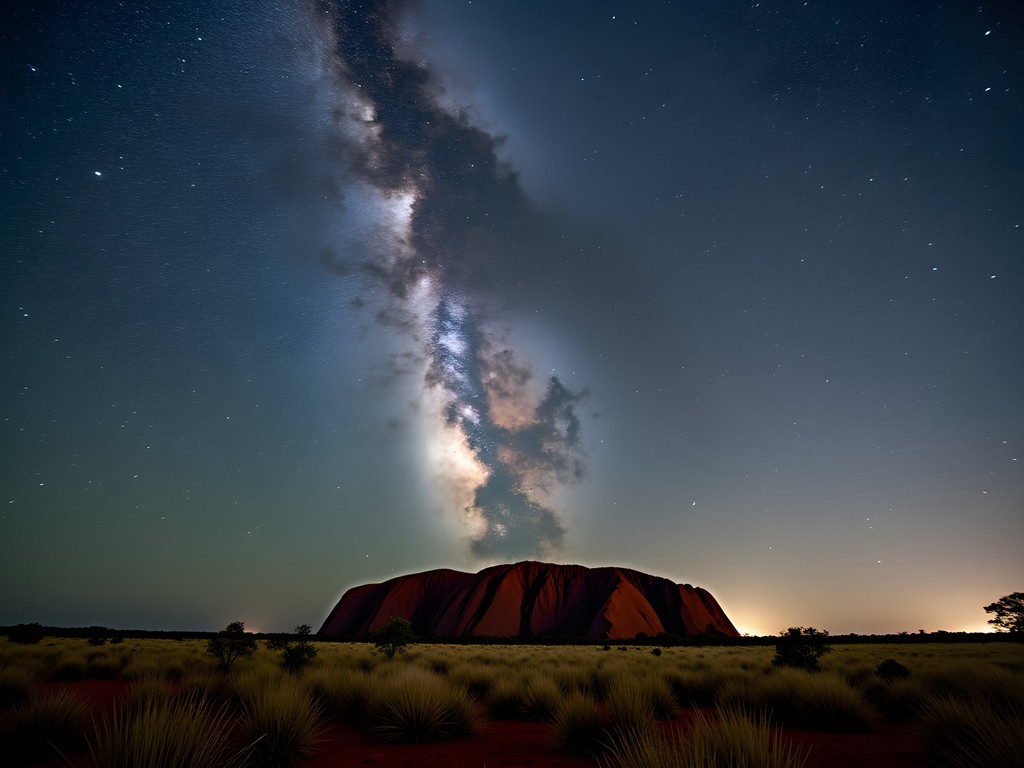 Uluru silhouette against brilliant Milky Way galaxy in clear outback night sky