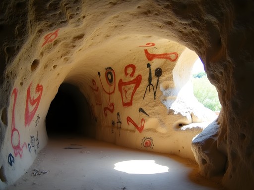Ancient Taíno pictographs on limestone walls in Cueva de Ambrosio