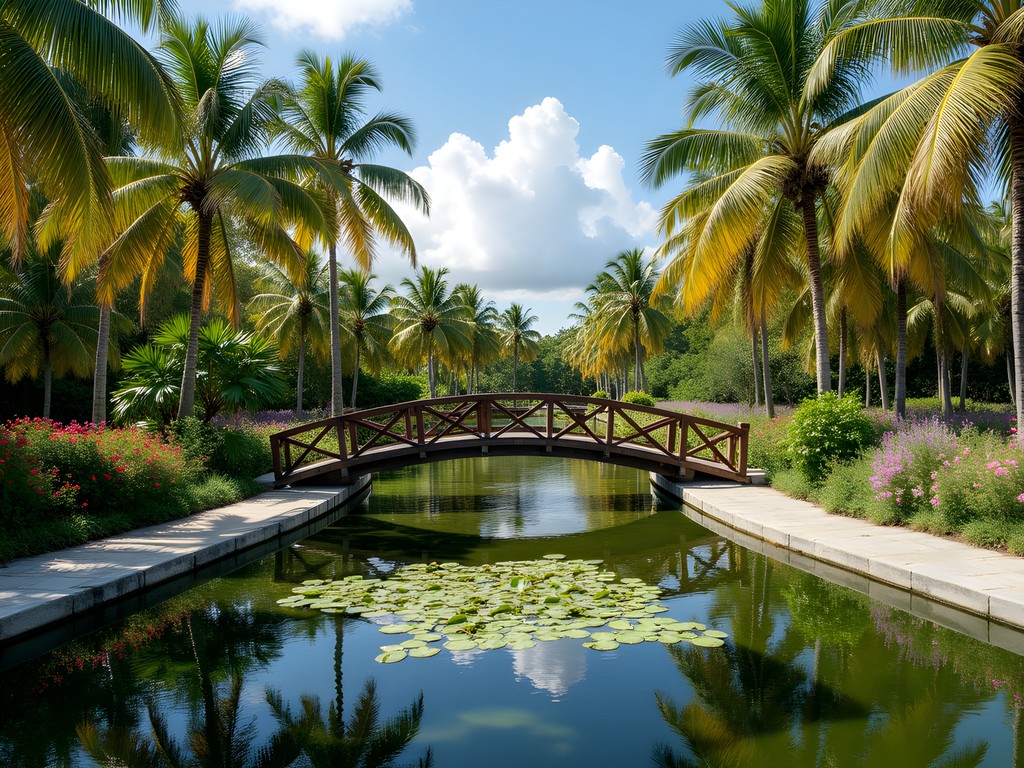 Rustic bridge over lake in Parque Josone with lush tropical vegetation