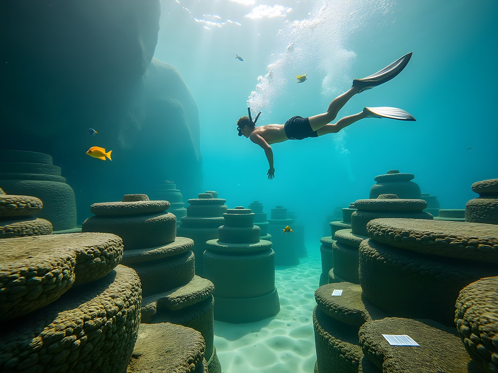 Snorkeler exploring replica Taíno artifacts at Cayo Piedra Underwater Museum