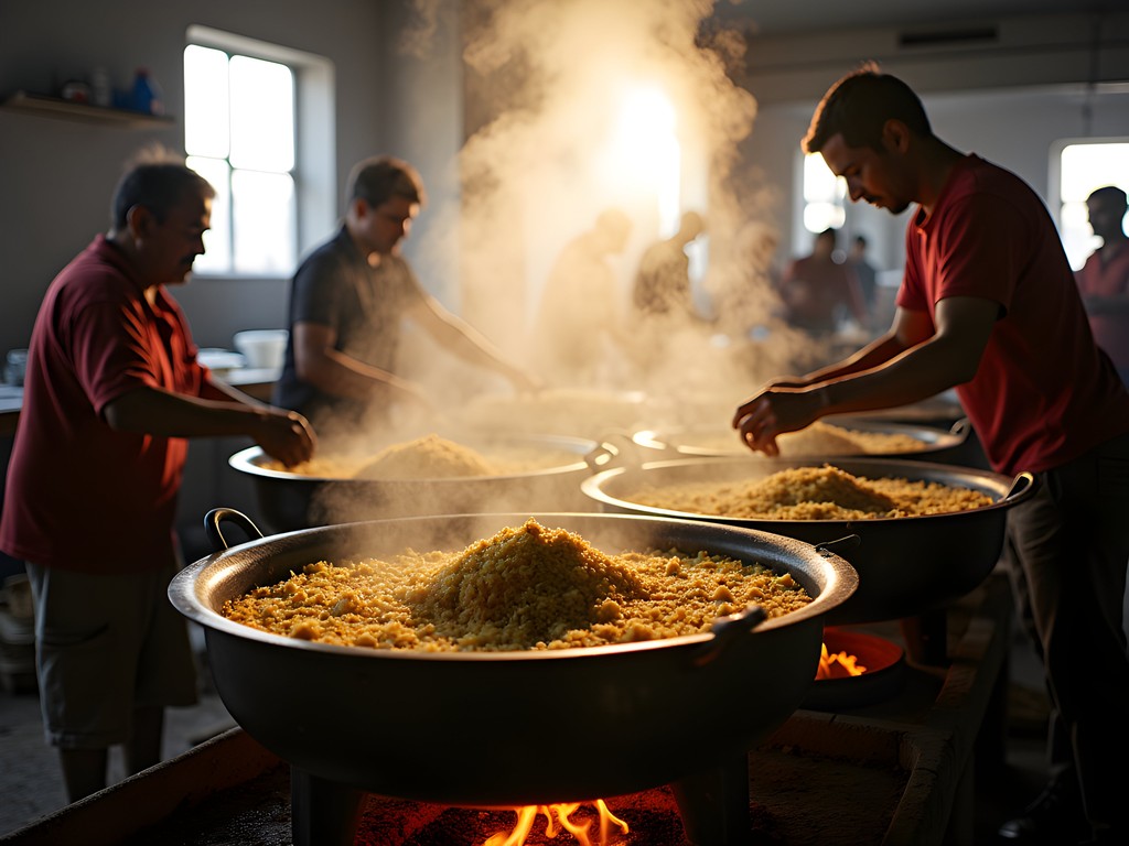 Food preparation for community distribution at Annapurna Temple in Varanasi with volunteers working in traditional kitchen
