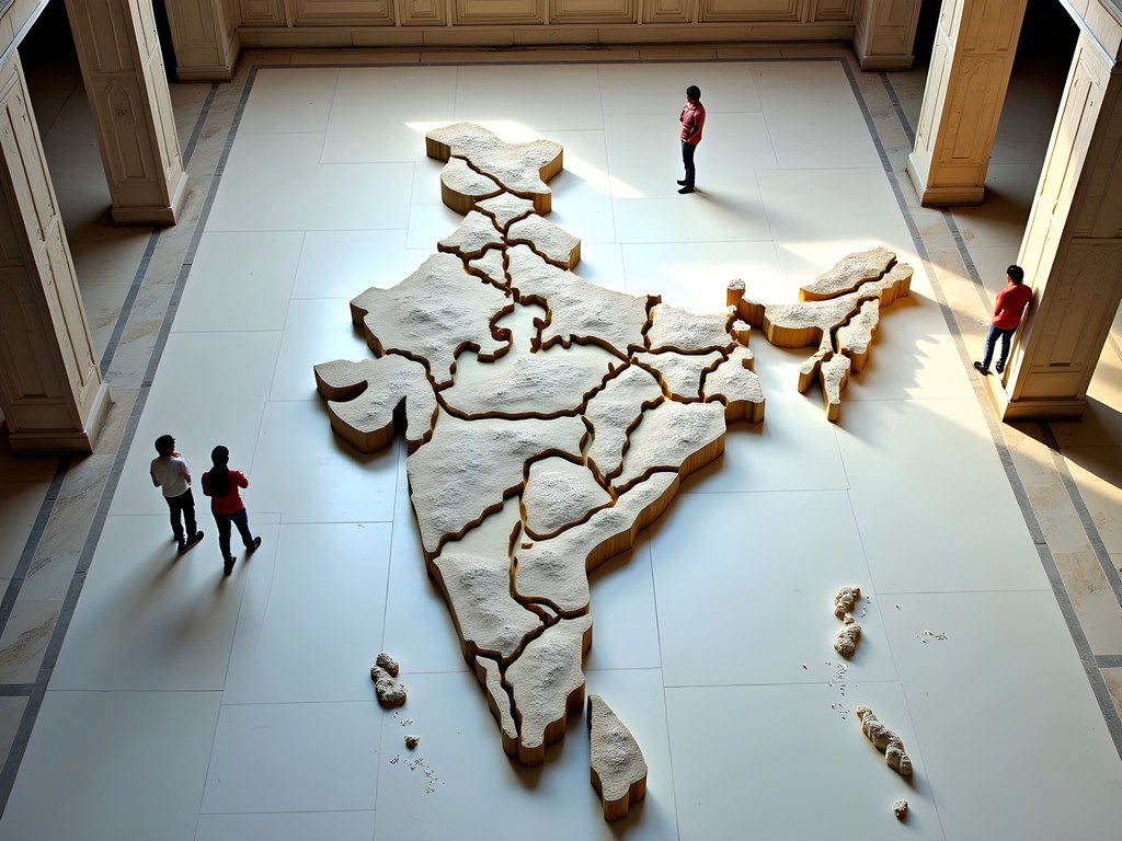 Marble relief map of undivided India at Bharat Mata Temple in Varanasi with visitors examining the geographical details