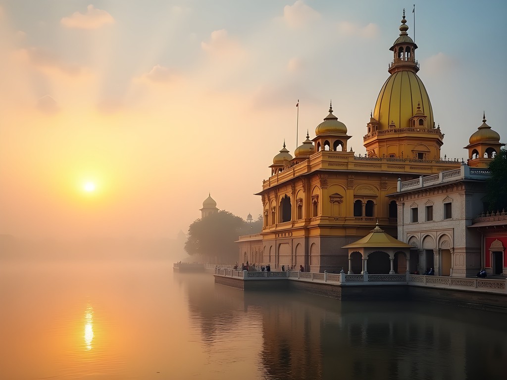 Golden spires of Kashi Vishwanath Temple at sunrise with morning mist rising from the Ganges