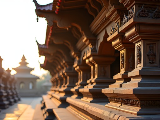 Intricate wooden carvings on the Nepali Temple in Varanasi showing pagoda architecture and mythological scenes