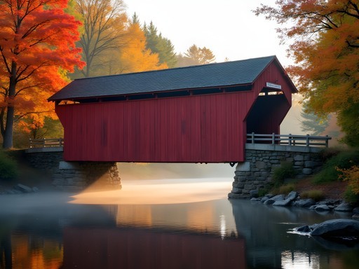Historic Vergennes Covered Bridge at dawn with fall foliage