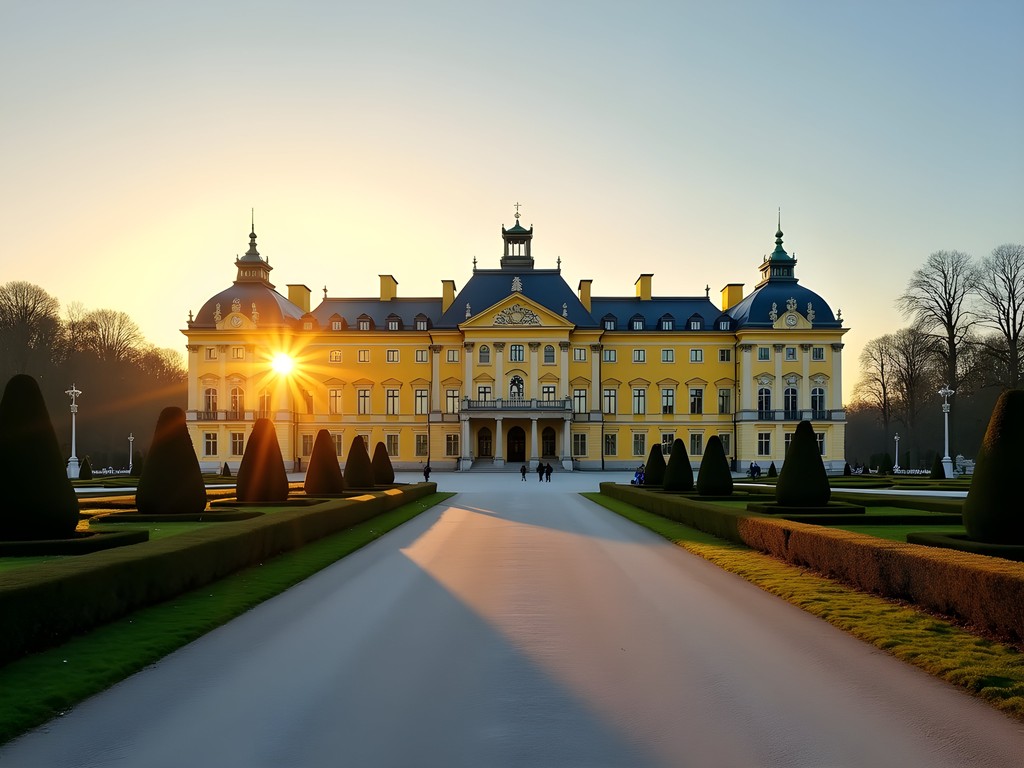 Schönbrunn Palace golden facade at sunrise with gardens in foreground
