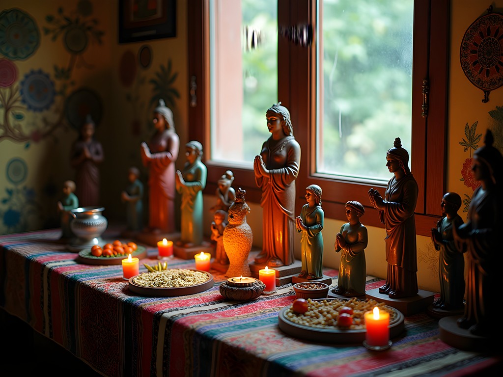 Traditional Santería altar with offerings and religious items in a home in Viñales Cuba