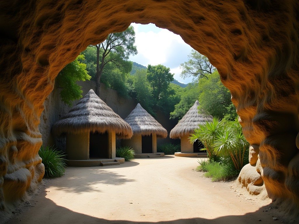 Cave entrance to Palenque de los Cimarrones historical site in Viñales with reconstructed huts