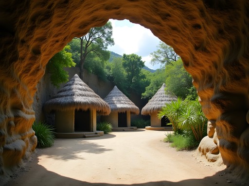 Cave entrance to Palenque de los Cimarrones historical site in Viñales with reconstructed huts