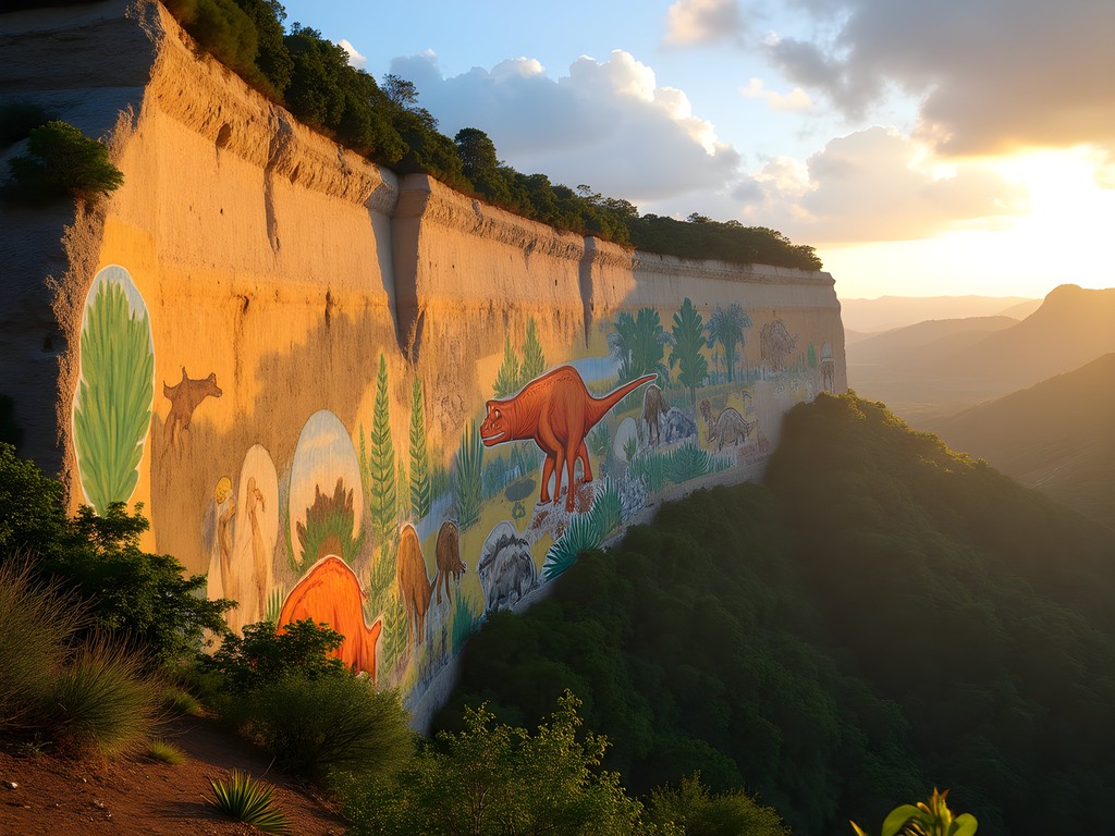 Massive colorful Mural de la Prehistoria painted on limestone mogote in Viñales Valley Cuba