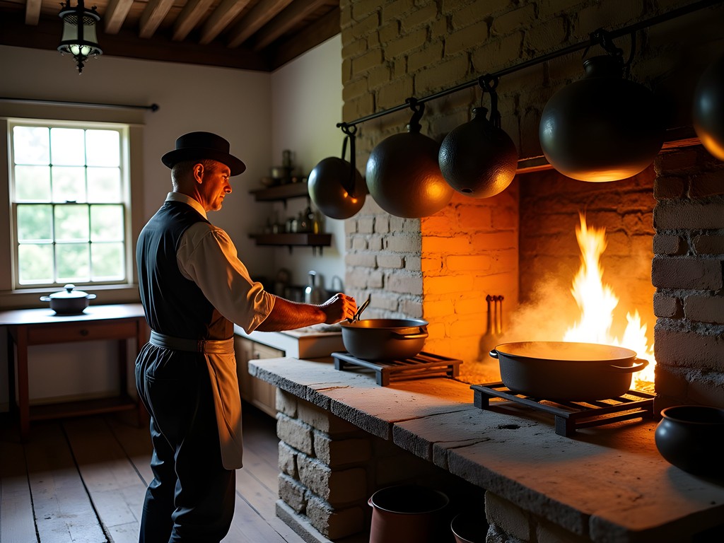 Historic cooking demonstration over open hearth at Hagley Museum Wilmington Delaware