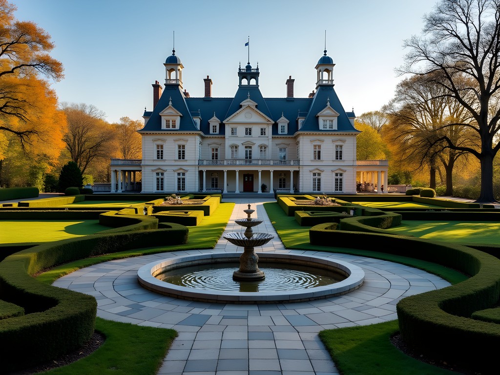 Nemours Estate French chateau with formal gardens and fountain in fall colors Wilmington Delaware