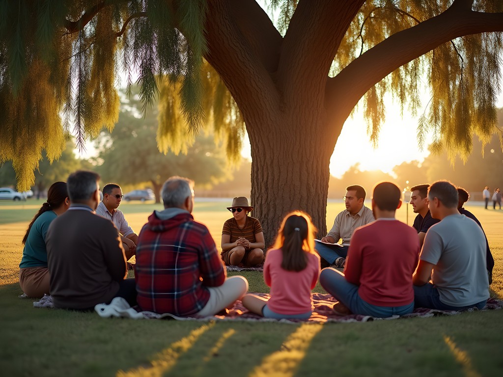 Multicultural community storytelling circle at sunset in Alameda Park, Alamogordo