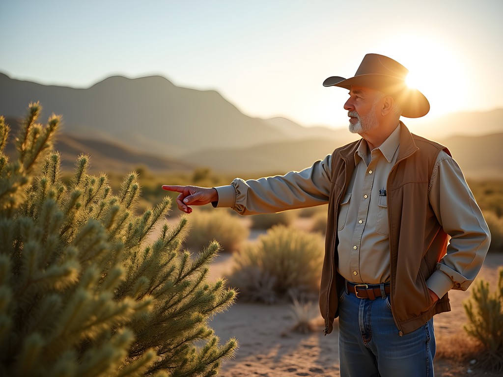 Traditional healer showing medicinal desert plants to visitors in Alamogordo foothills