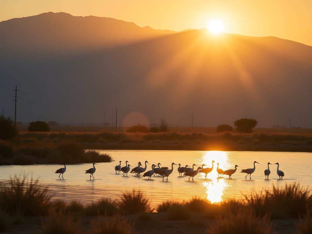 Migratory birds at dawn on Holloman Lake with mountains in background
