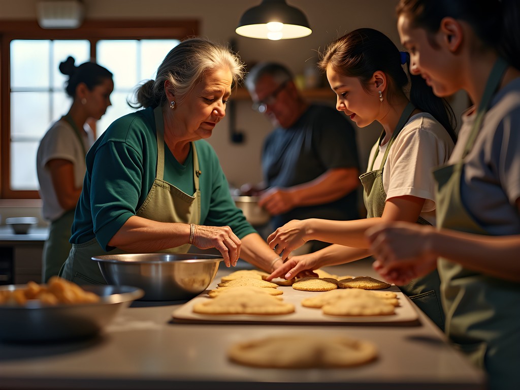 Multi-generational family preparing traditional New Mexican dishes in open kitchen at Margo's restaurant