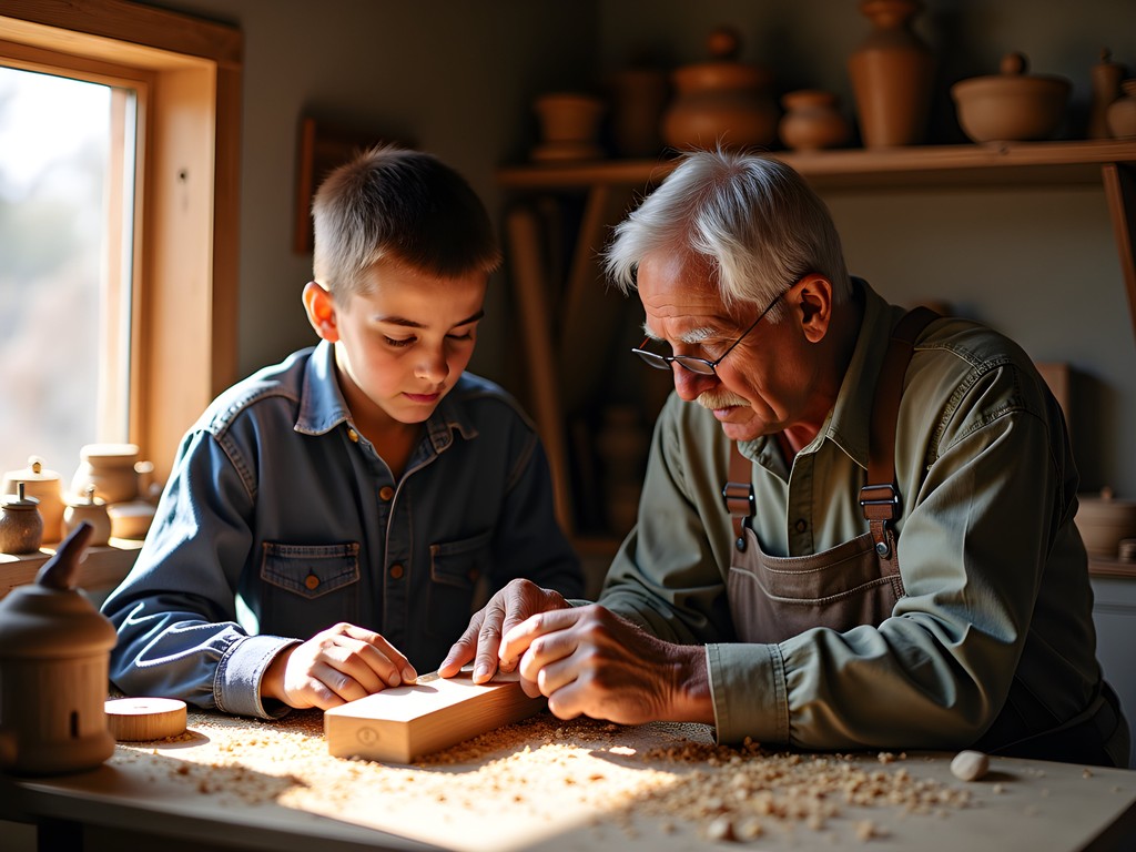 Master craftsman teaching child traditional woodworking with pistachio wood in Alamogordo workshop