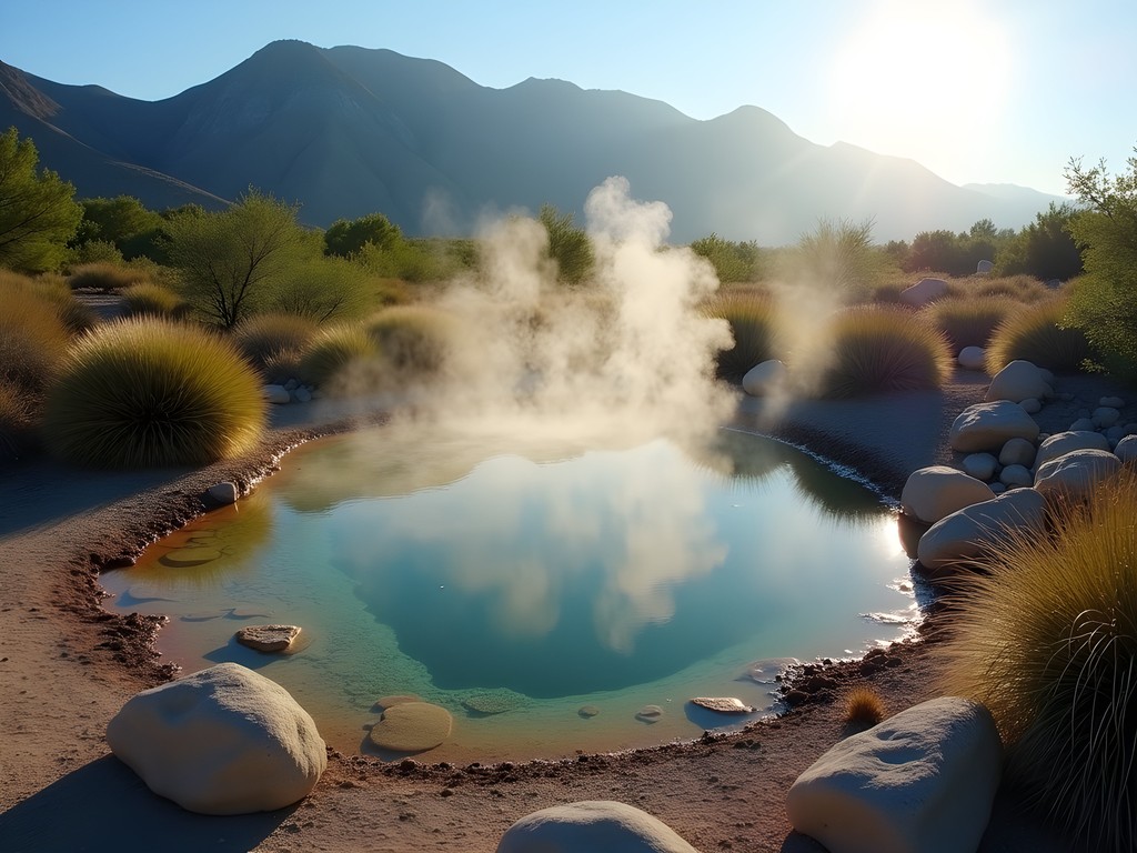 Natural hot spring pool surrounded by desert vegetation in Sacramento Mountain foothills