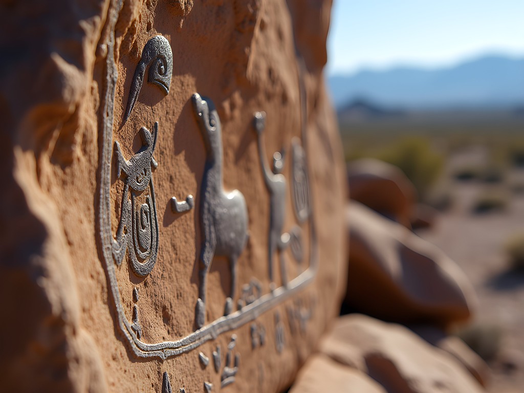 Ancient petroglyphs on secluded rock face at Three Rivers Petroglyph Site's northern extension
