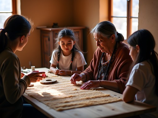 Traditional Apache weaving workshop with local artisans teaching families at the Tularosa Basin Historical Society