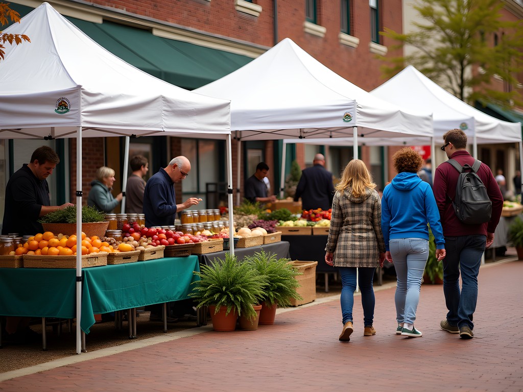 Colorful display of local produce at Albany Farmers Market with shoppers