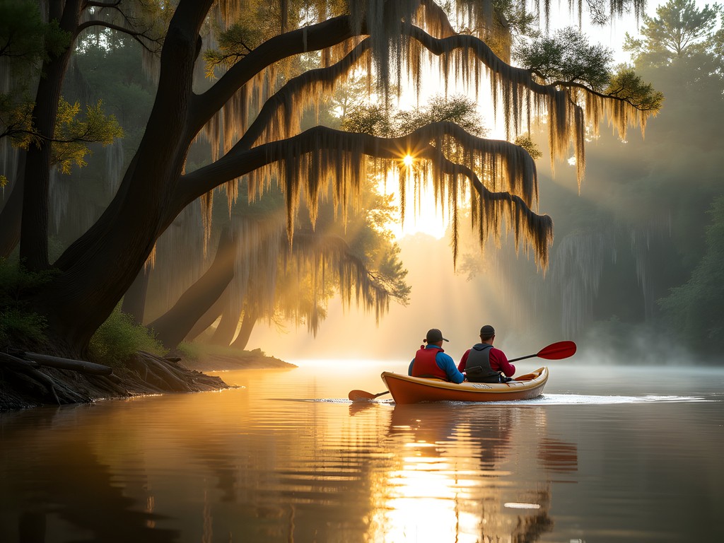 Kayaking on the Flint River in Albany with cypress trees and Spanish moss