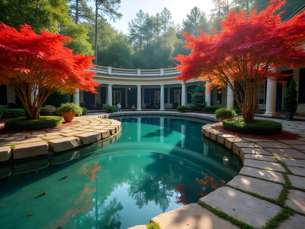 The vibrant blue waters of Radium Springs Gardens surrounded by fall foliage