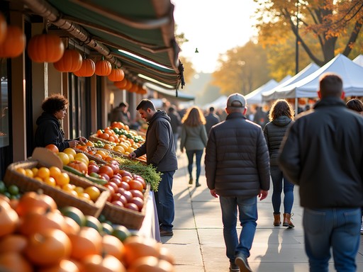 Diverse food vendors and shoppers at the Ames Main Street Farmers' Market during fall harvest season