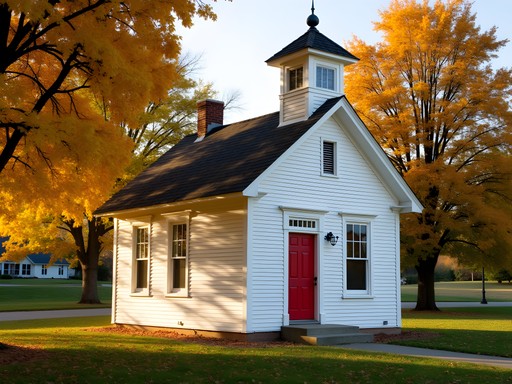 Historic Hoggatt School one-room schoolhouse from 1862 in Ames, Iowa during fall