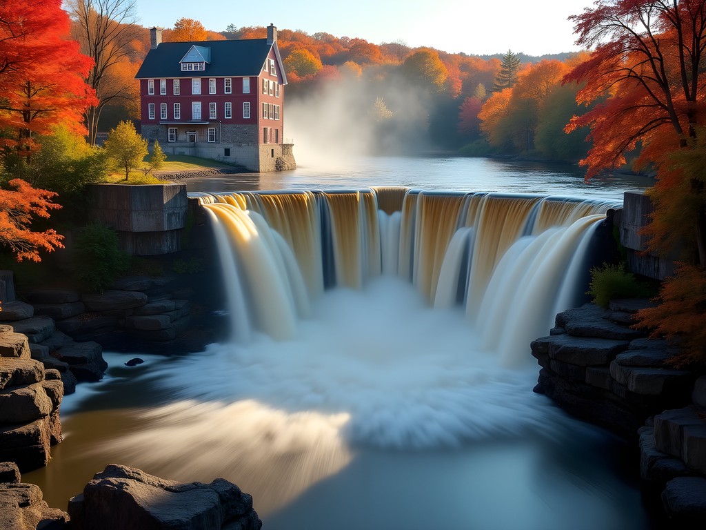 Androscoggin River Great Falls cascading between autumn trees in Auburn Maine