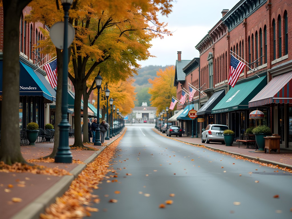Auburn Maine downtown street with historic buildings, fall foliage, and small local businesses