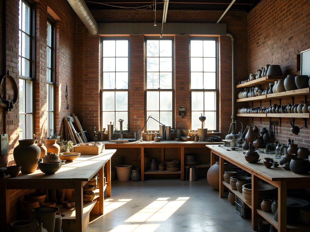 Artisan workshop interior with tools, workbenches, and handcrafted items in repurposed mill space