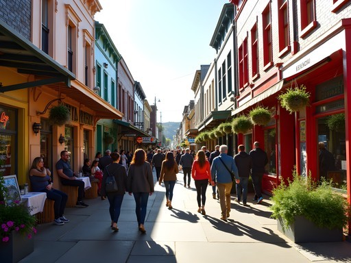Vibrant street scene on Karangahape Road showing diverse shops and people