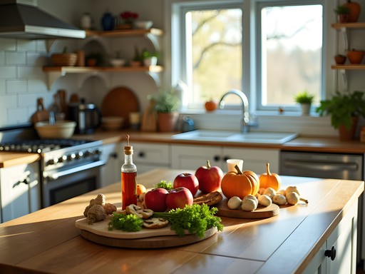 Woman cooking with local Maine ingredients in cottage kitchen with fall produce
