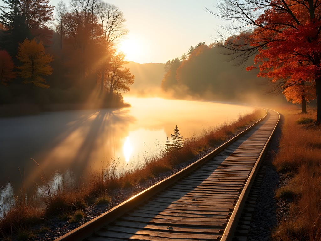 Misty sunrise view of the Kennebec River from the Rail Trail in Augusta with fall foliage