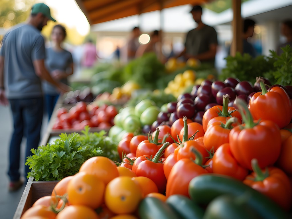 Colorful fresh produce display at Haggin Oaks Farmers Market in Bakersfield