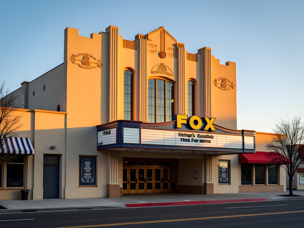 Art Deco facade of Bakersfield's historic Fox Theater at golden hour