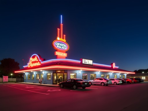 Buck Owens Crystal Palace illuminated at night with neon signage in Bakersfield