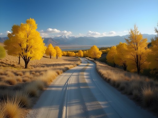 Golden cottonwood trees along Kern River Parkway trail in fall with mountains in background